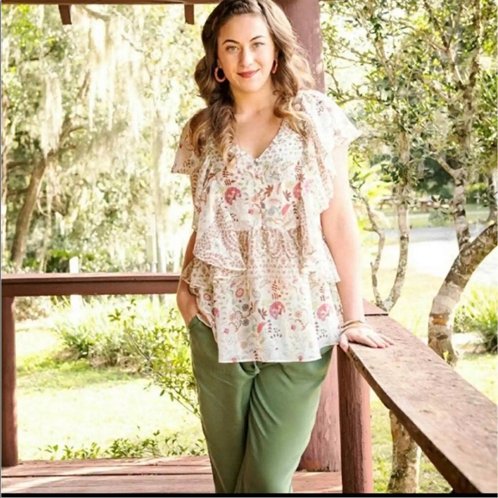 MATILDA JANE Fly By Top Blouse Floral Multicolor Flutter Sleeve Women's Medium